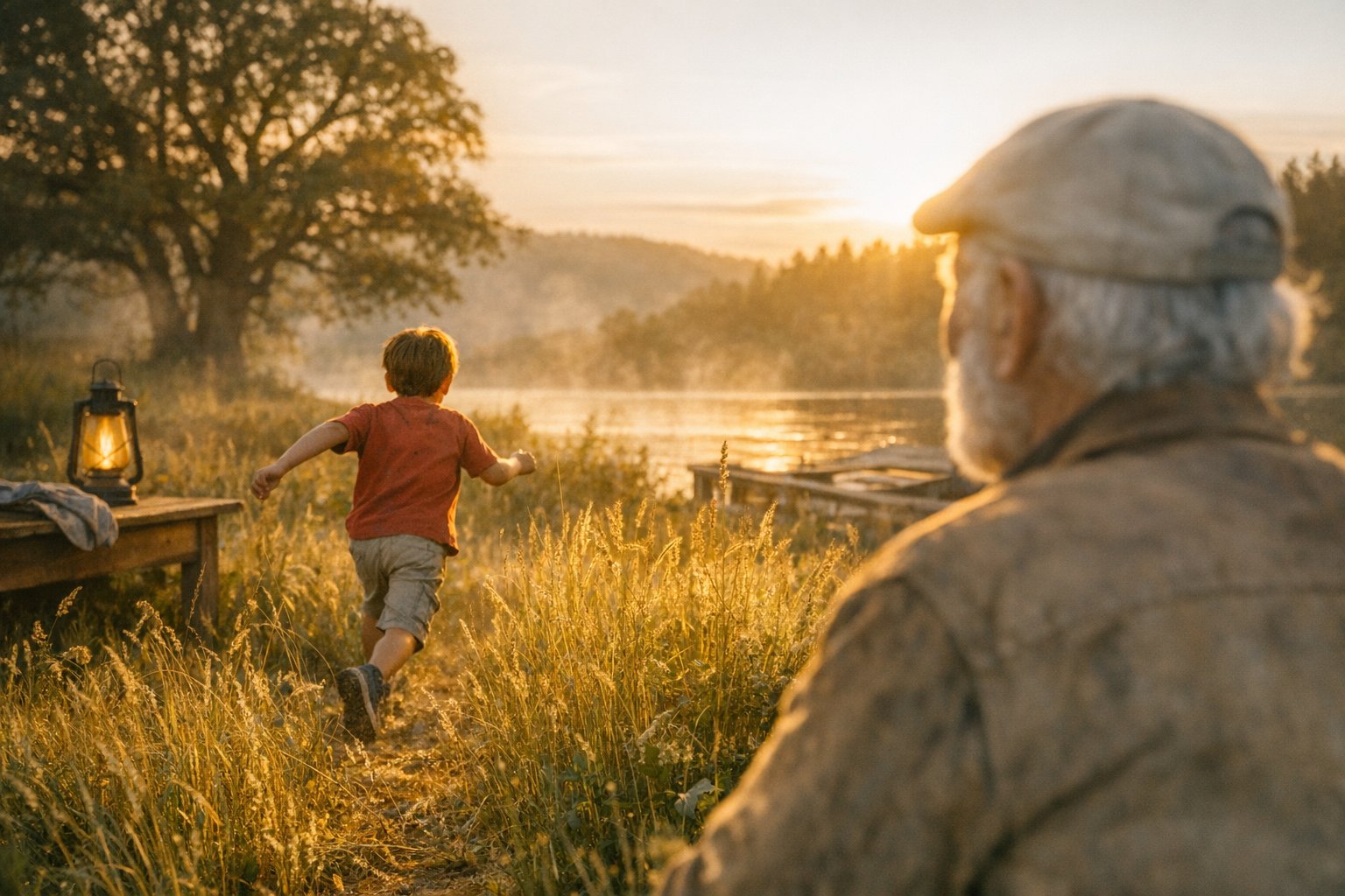 Grandfather watching a child run toward the horizon