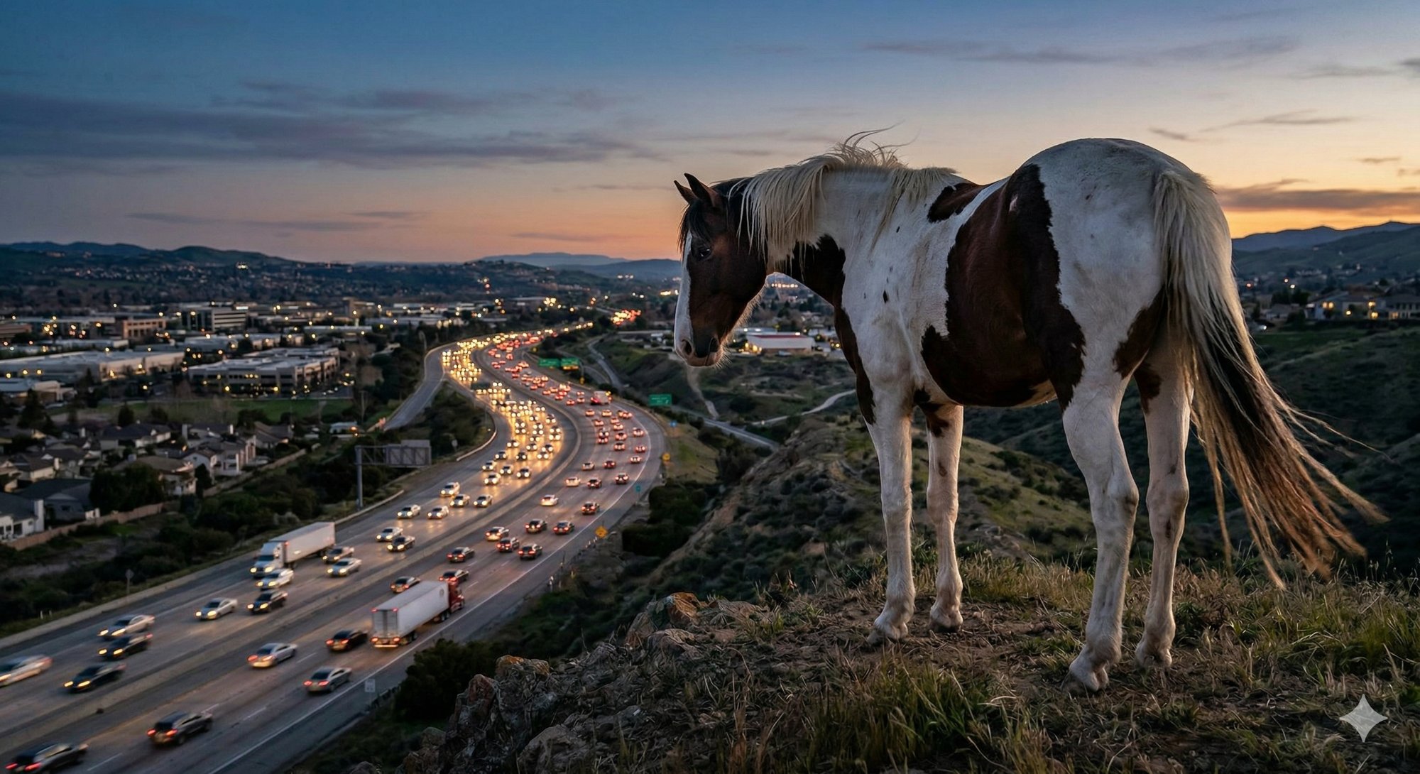 Painted horse overlooking a modern highway at dusk