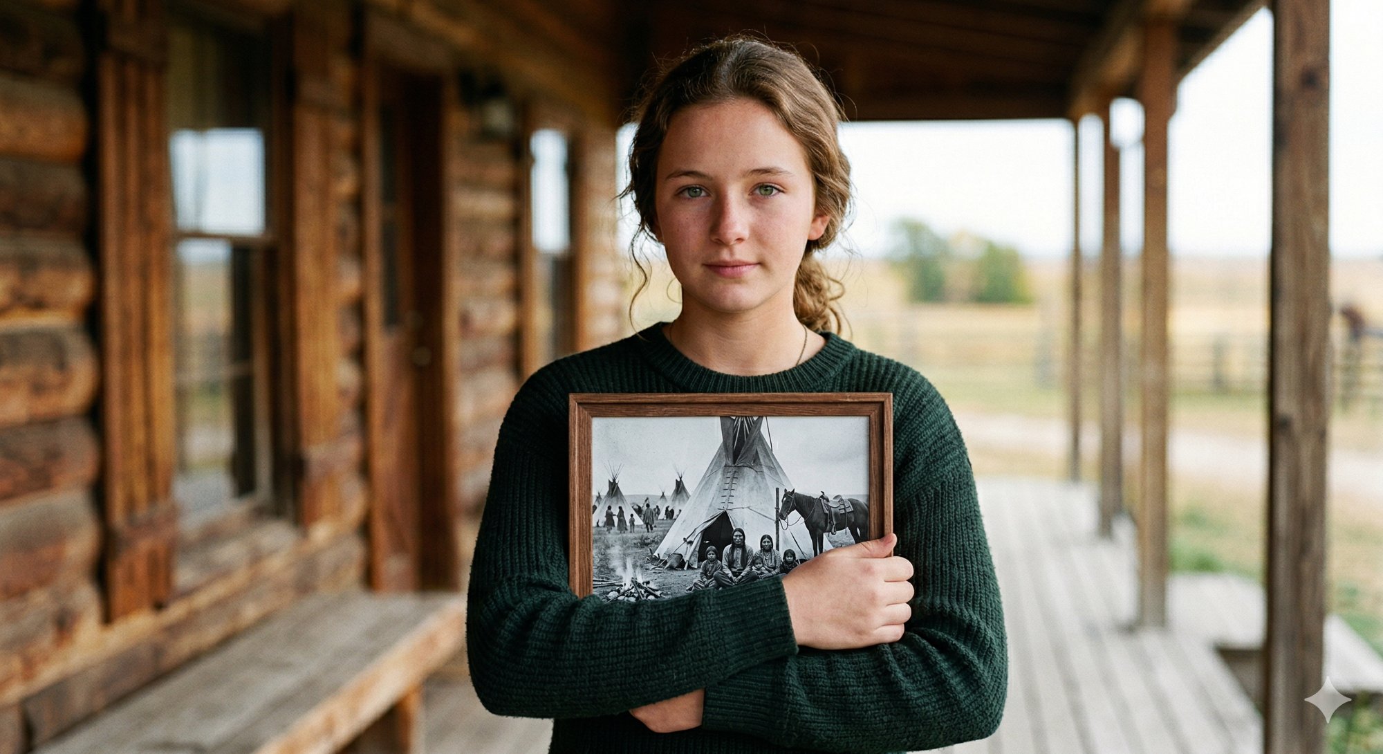 Young woman holding ancestral photograph